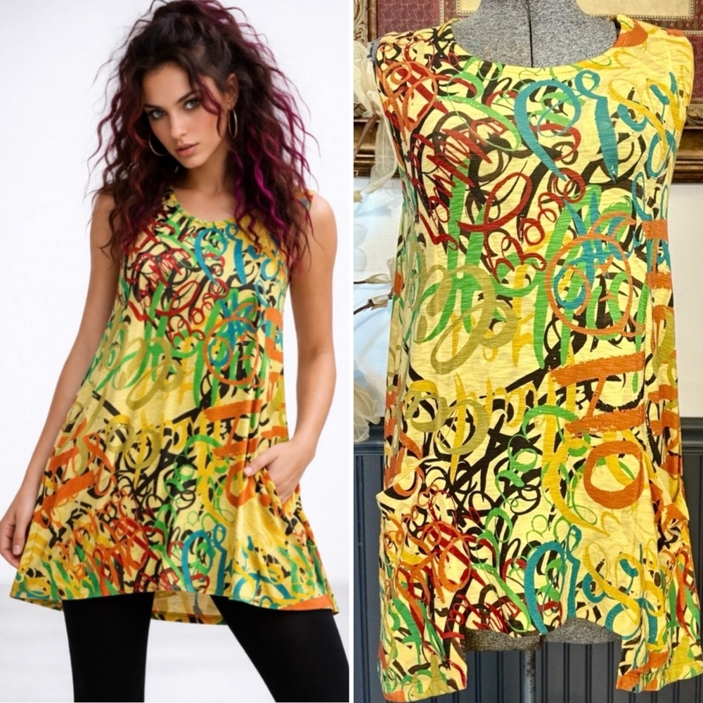Inoah Abstract Graffiti Print Tunic Dress Swing Pockets Artsy Small 💚🍄